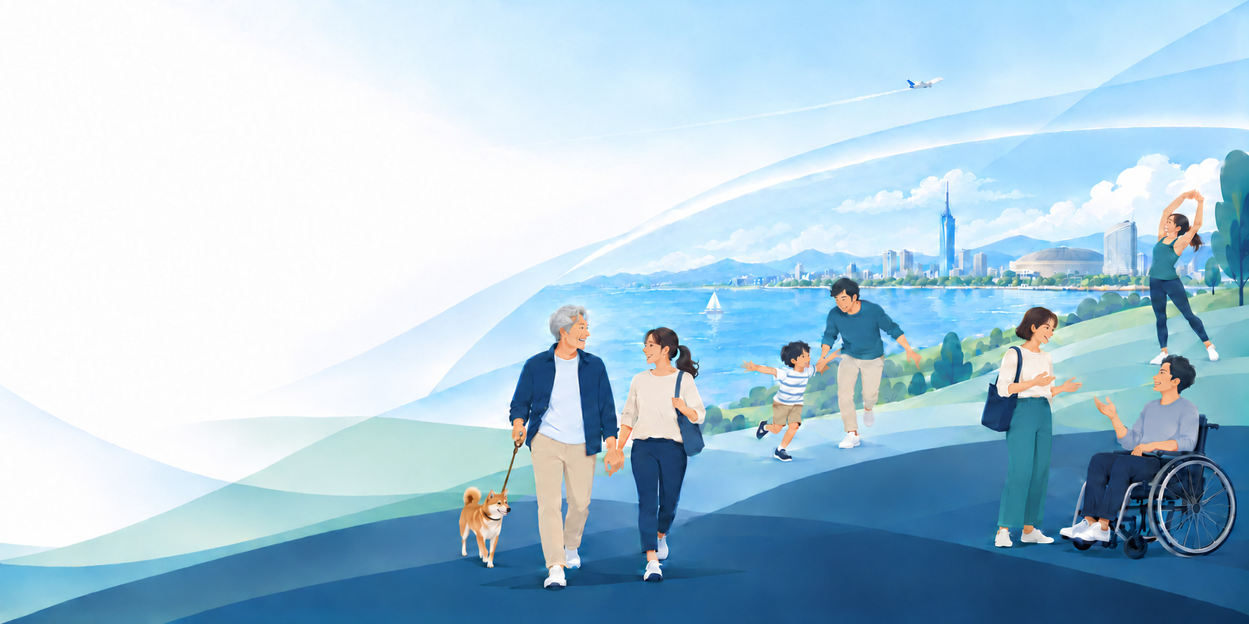福岡タワー・ドーム・シーホークを望む海辺で、人々と柴犬が健やかに過ごすイラスト
