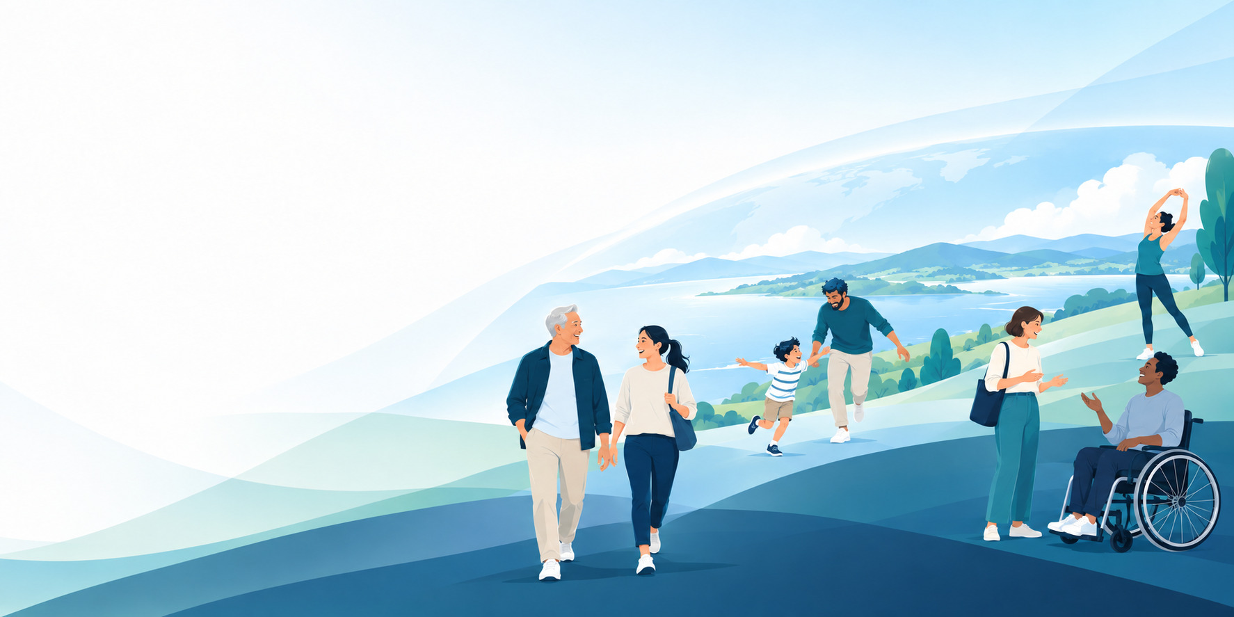さまざまな世代や背景の人々が健康的な暮らしを楽しむイラスト